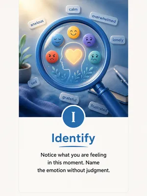 A magnifying glass reveals colorful emotion emojis with words like anxious, calm, lonely, and sad, above the word Identify.