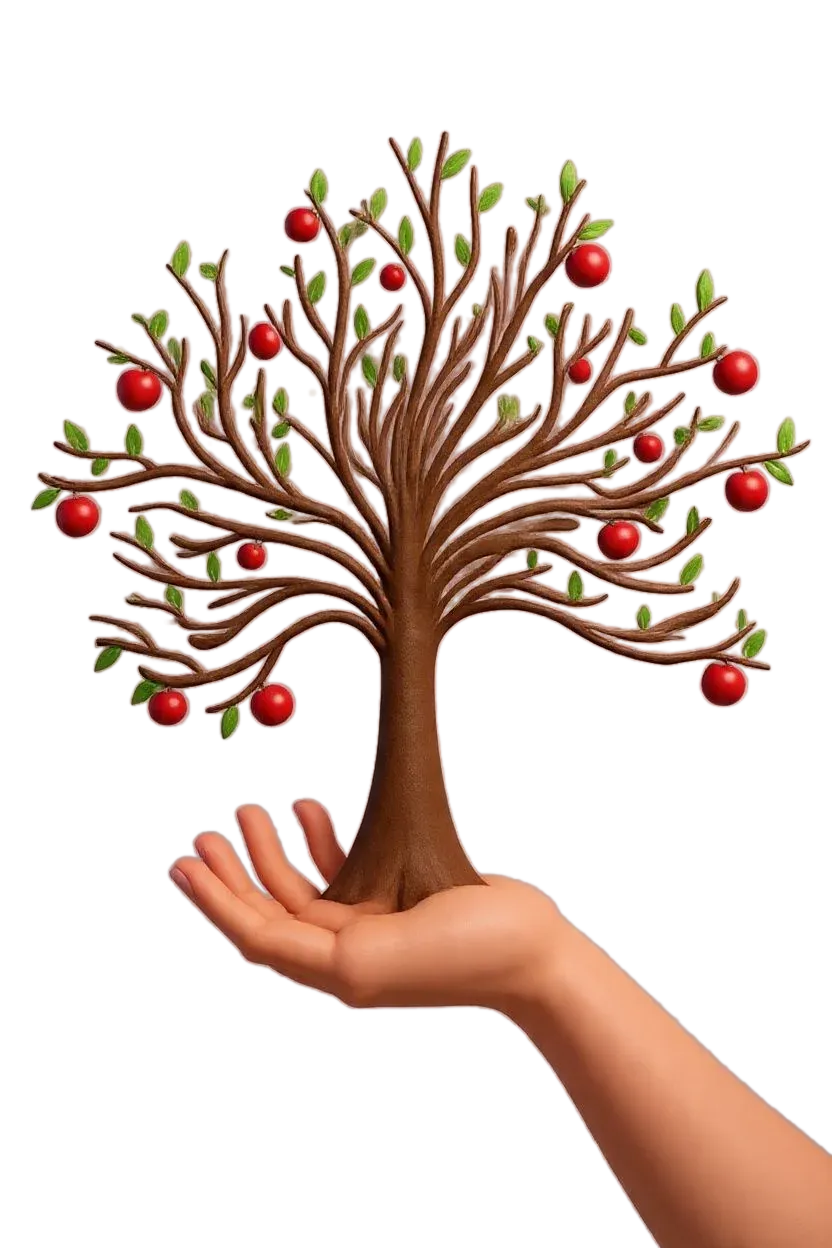 A tree with red apples growing from an open hand